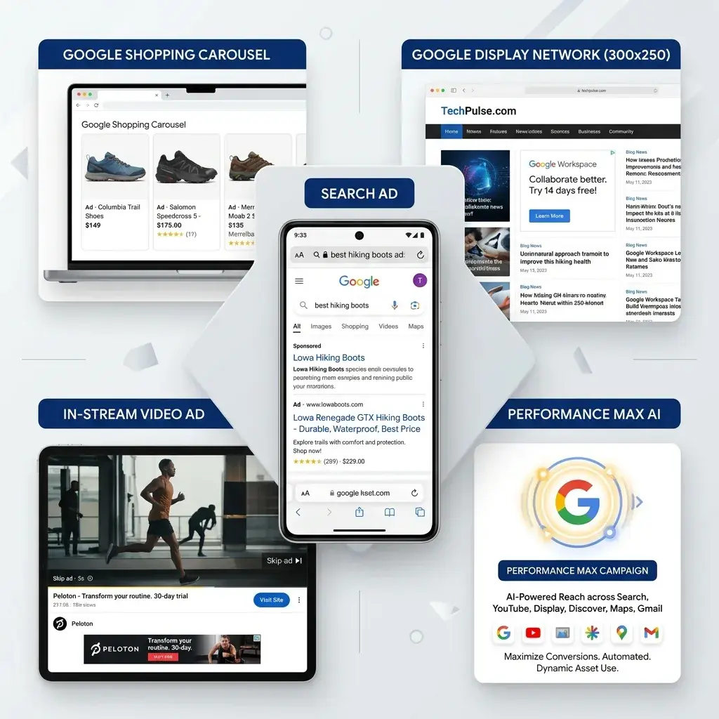 5 Hình Thức Quảng Cáo Google Ads Phổ Biến Nhất: Search, Shopping, GDN, YouTube & PMax Mockup thiết kế giao diện 5 mạng quảng cáo phổ biến của Google Ads trên đa thiết bị