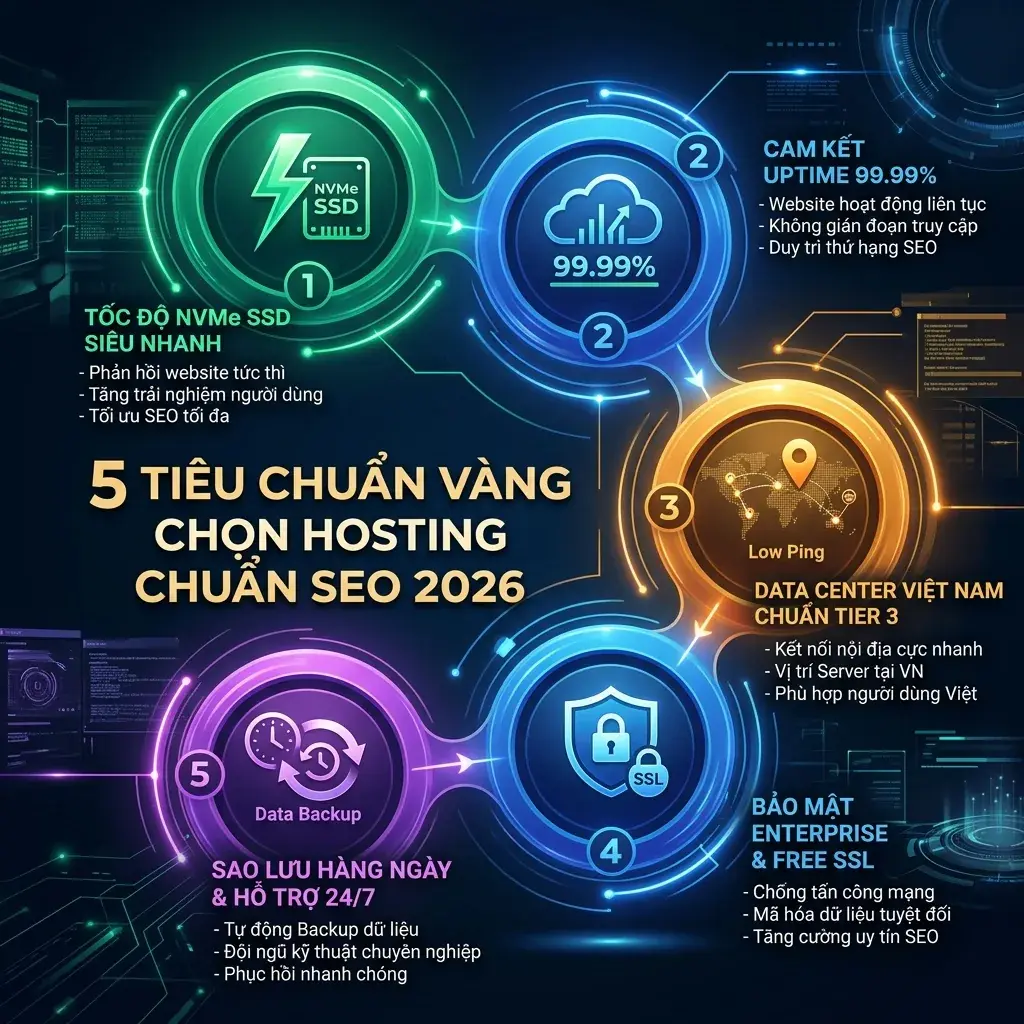 Infographic 5 tiêu chuẩn vàng chọn Hosting chuẩn SEO bứt phá doanh số 2026 tại Bảo Sơn