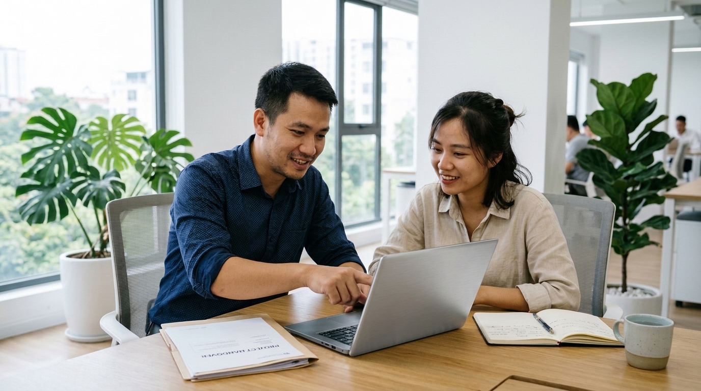 Chuyên viên kỹ thuật Truyền thông Bảo Sơn bàn giao mã nguồn và hướng dẫn nhân sự doanh nghiệp quản trị website chuẩn SEO