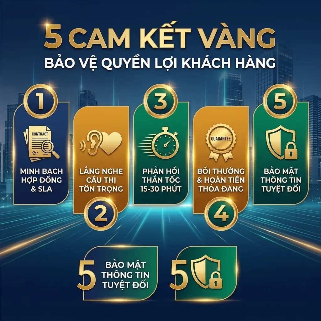 Infographic 5 cam kết vàng bảo vệ quyền lợi khách hàng của Truyền thông Bảo Sơn 2026