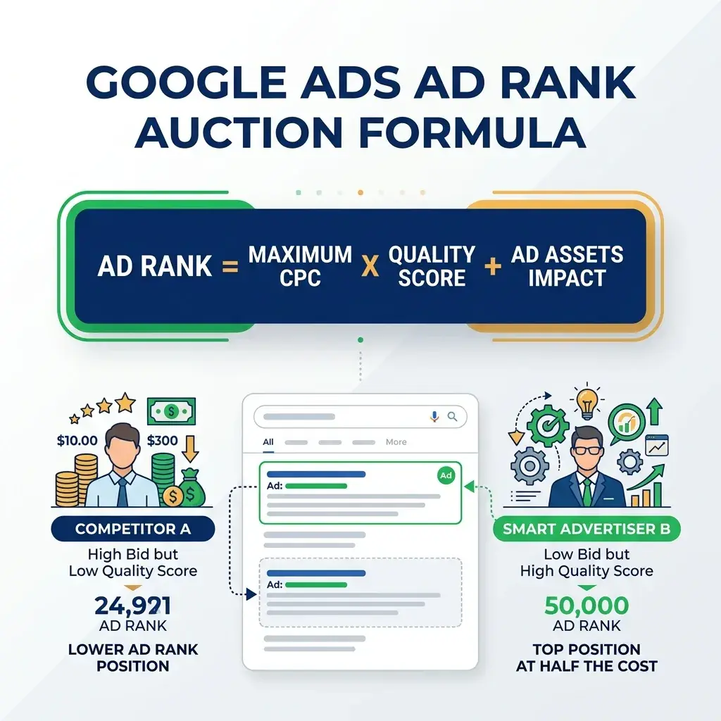 Cơ Chế Đấu Thầu & Công Thức Tính Thứ Hạng Quảng Cáo Ad Rank Trong Google Ads Infographic thiết kế công thức tính Ad Rank bằng Max CPC nhân Điểm chất lượng trong quảng cáo Google Ads