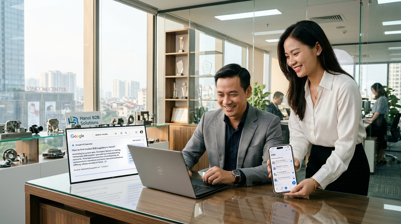 Giám đốc doanh nghiệp B2B tại Hà Nội kiểm tra kết quả website công ty được trích dẫn trên khung tìm kiếm AI và nhận yêu cầu báo giá từ khách hàng qua Zalo