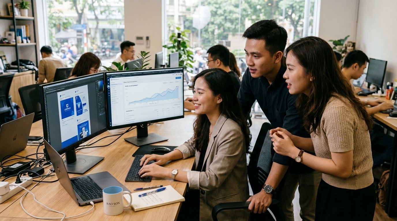 Đội Ngũ Chuyên Gia Quản Trị & Chăm Sóc Fanpage Tại Truyền Thông Bảo Sơn Đội ngũ 4 chuyên gia Planner, Copywriter, Graphic Designer phối hợp vận hành dịch vụ quản lý Fanpage chuyên nghiệp tại Bảo Sơn