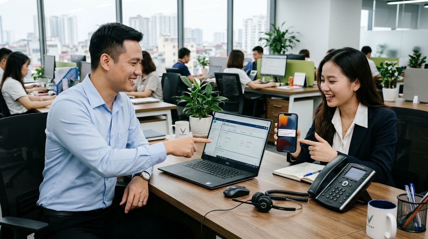 Nhân viên kinh doanh nhận thông báo khách hàng tiềm năng tức thì trên điện thoại và màn hình CRM nhờ dịch vụ kết nối khách tiềm năng với CRM trên website
