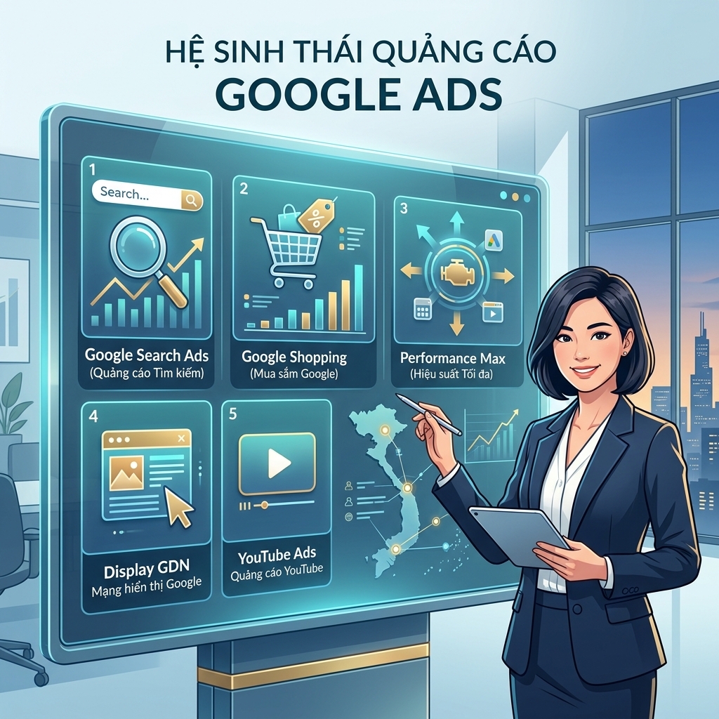Hệ Sinh Thái Quảng Cáo Google Ads Đột Phá Doanh Số Hệ sinh thái các hình thức quảng cáo Google Ads hiệu quả Search, Shopping, PMax, GDN, YouTube
