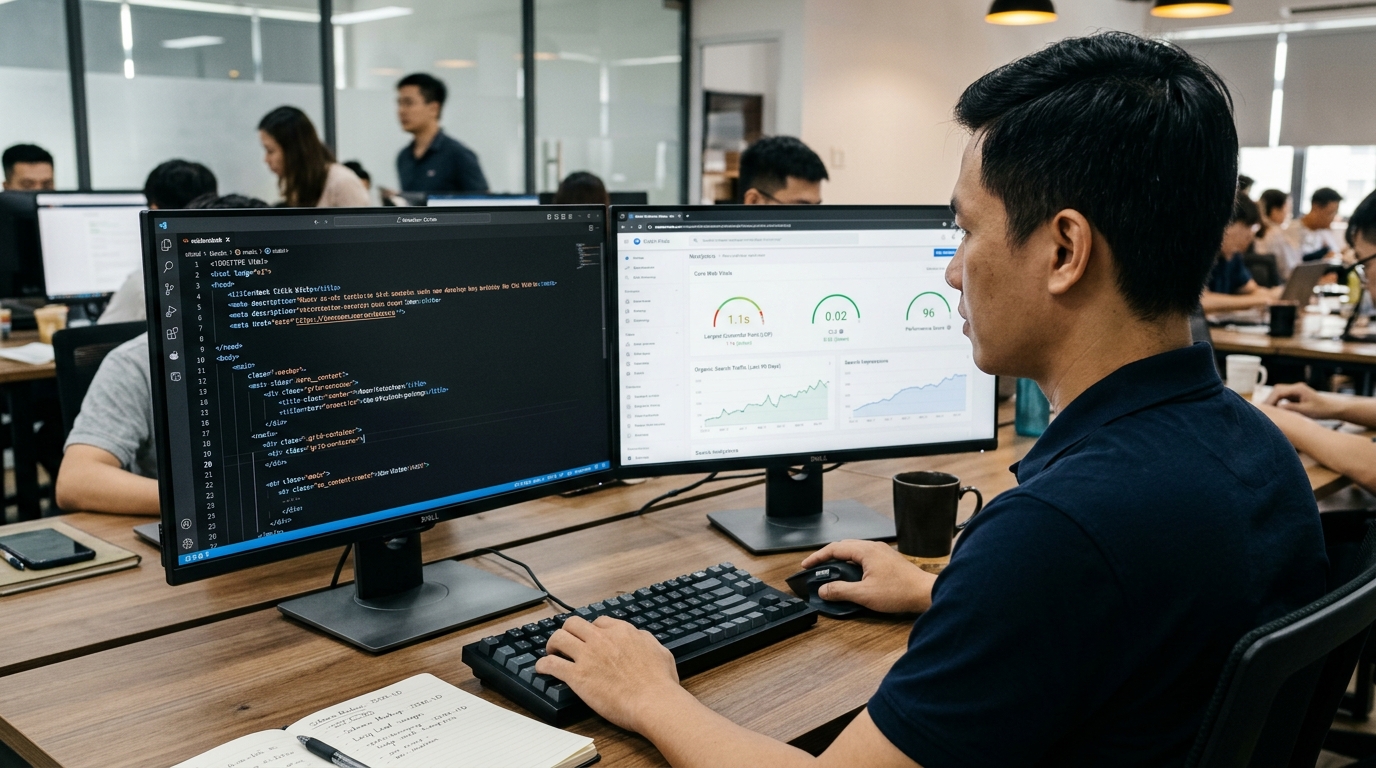 Kỹ Sư Bảo Sơn Tái Cấu Trúc Mã Nguồn & Tối Ưu Core Web Vitals Khi Nâng Cấp Website Chuyên gia kỹ thuật Bảo Sơn tái cấu trúc mã nguồn HTML5, tối ưu điểm Core Web Vitals xanh 96+ và bảo toàn thứ hạng SEO khi nâng cấp website