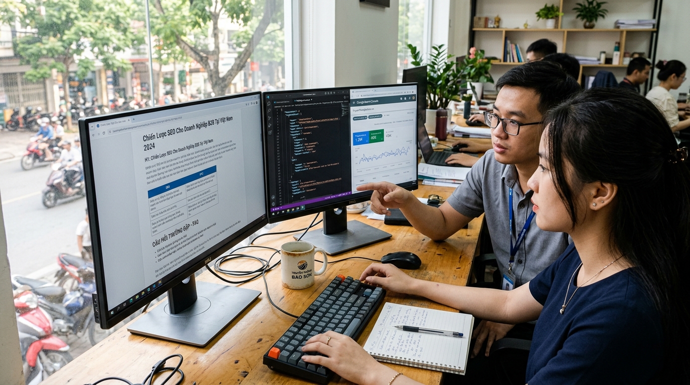 Kỹ sư SEO và phát triển web tại Truyền thông Bảo Sơn kiểm định cấu trúc dữ liệu Schema JSON-LD và hiệu suất trích dẫn AI Overviews trên Google Search Console