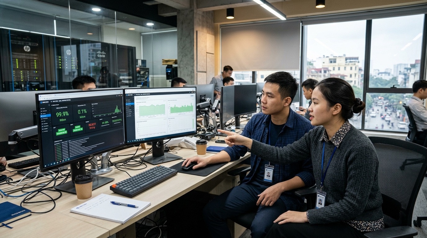 Đội ngũ kỹ sư hệ thống tại Truyền thông Bảo Sơn cấu hình định tuyến Email Hybrid và giám sát tỷ lệ gửi thư vào thẳng Inbox 99.9%