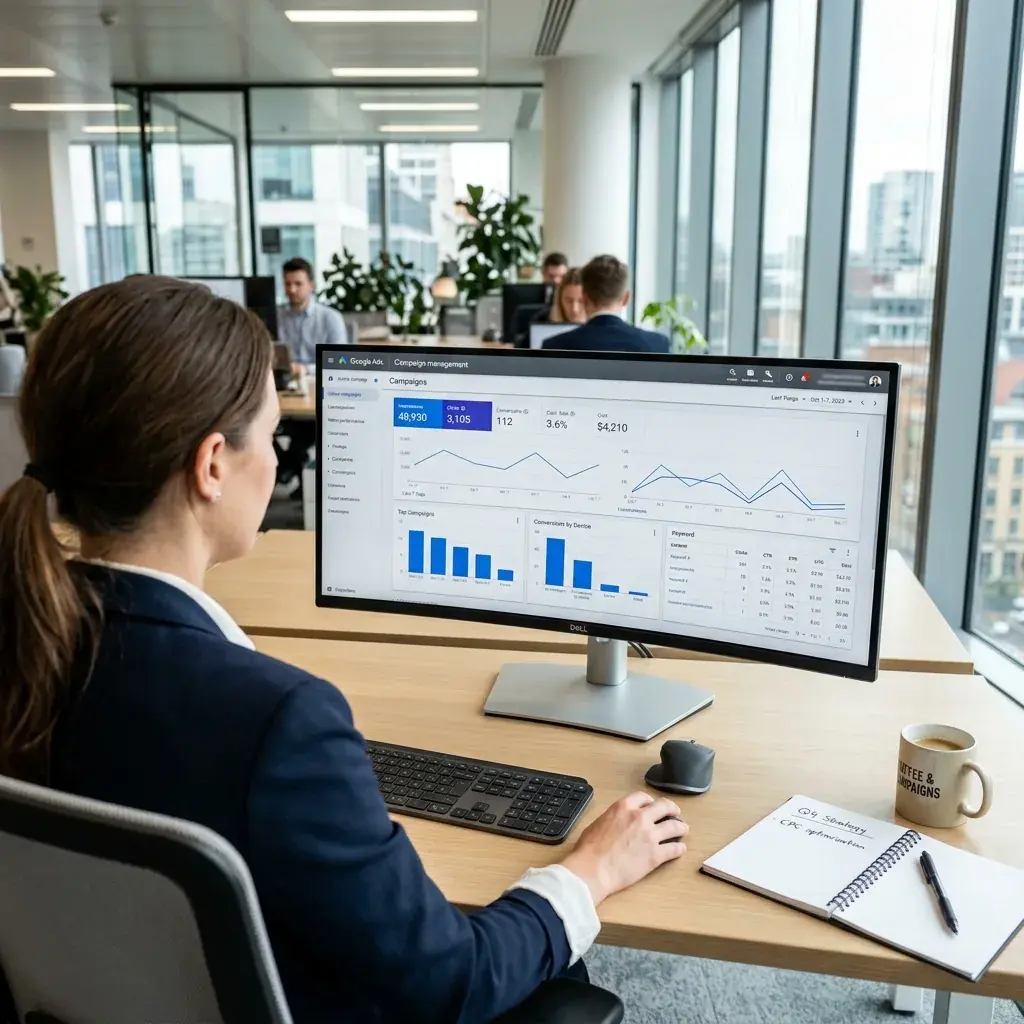 Ảnh chụp chuyên gia digital marketing làm việc và tối ưu chiến dịch quảng cáo Google Ads tại Bảo Sơn Ads