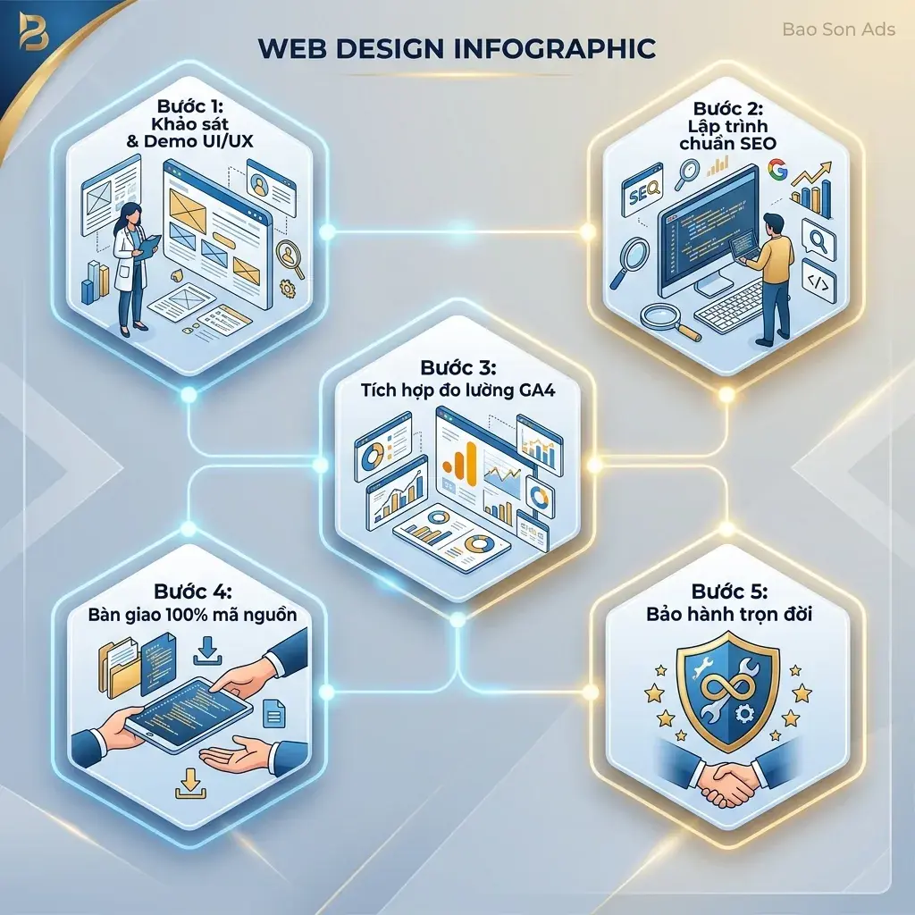 Infographic quy trình 5 bước thiết kế website chuẩn SEO chuyên nghiệp bàn giao mã nguồn 100% tại Bảo Sơn