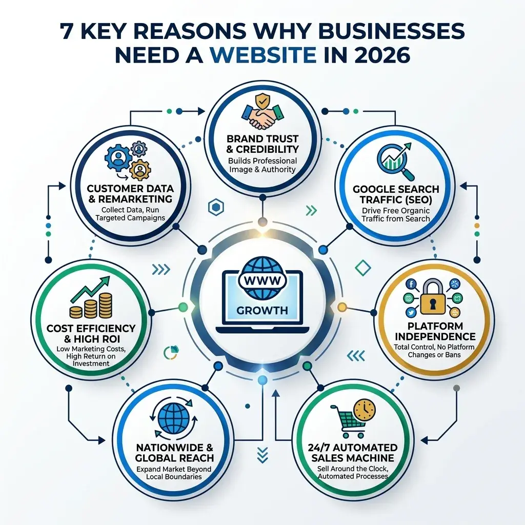 Sơ Đồ Infographic 7 Lý Do Sống Còn Buộc Doanh Nghiệp Phải Sở Hữu Website Riêng Infographic 7 lý do sống còn vì sao mọi doanh nghiệp cần thiết kế website riêng độc lập năm 2026