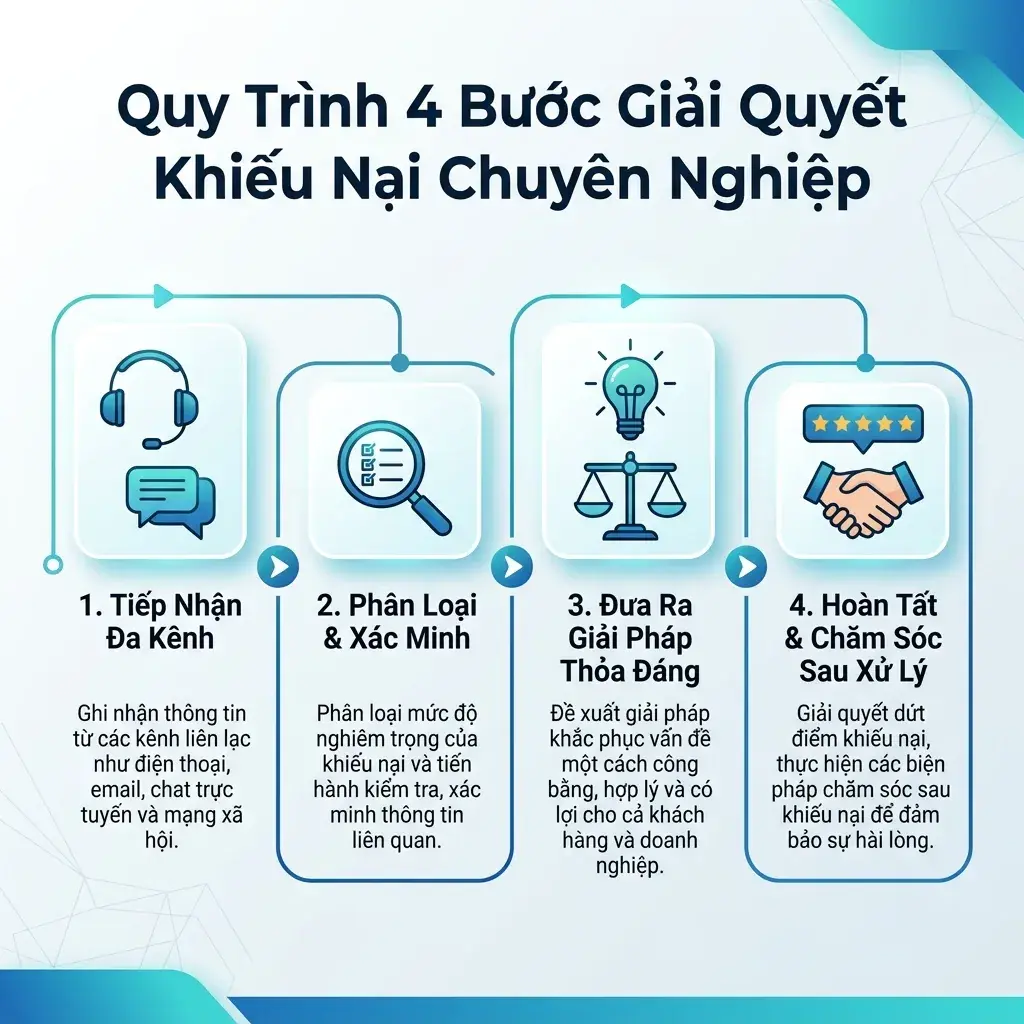 Infographic sơ đồ quy trình 4 bước giải quyết khiếu nại khách hàng tại Truyền thông Bảo Sơn