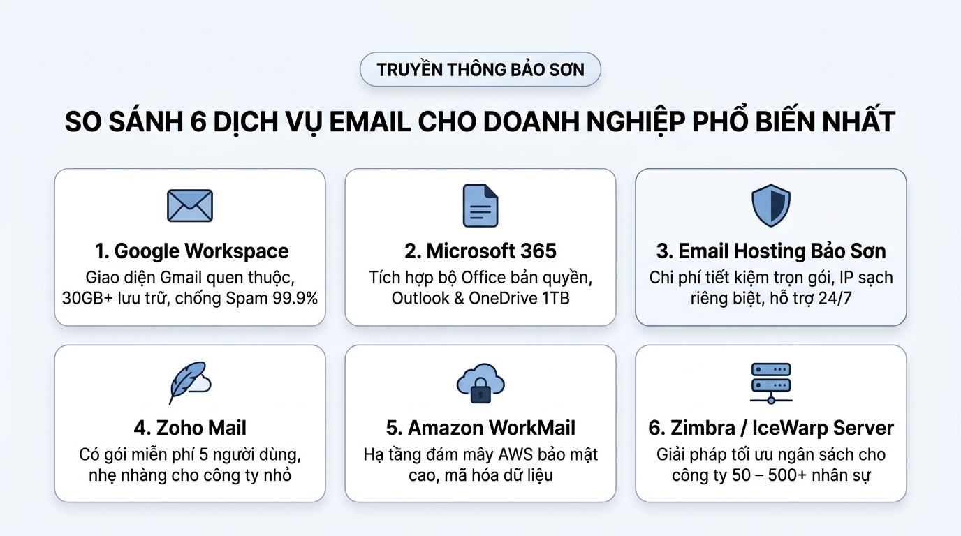 Bảng so sánh 6 dịch vụ email cho doanh nghiệp gồm Google Workspace, Microsoft 365, Email Hosting Bảo Sơn, Zoho Mail, Amazon WorkMail và Zimbra Server
