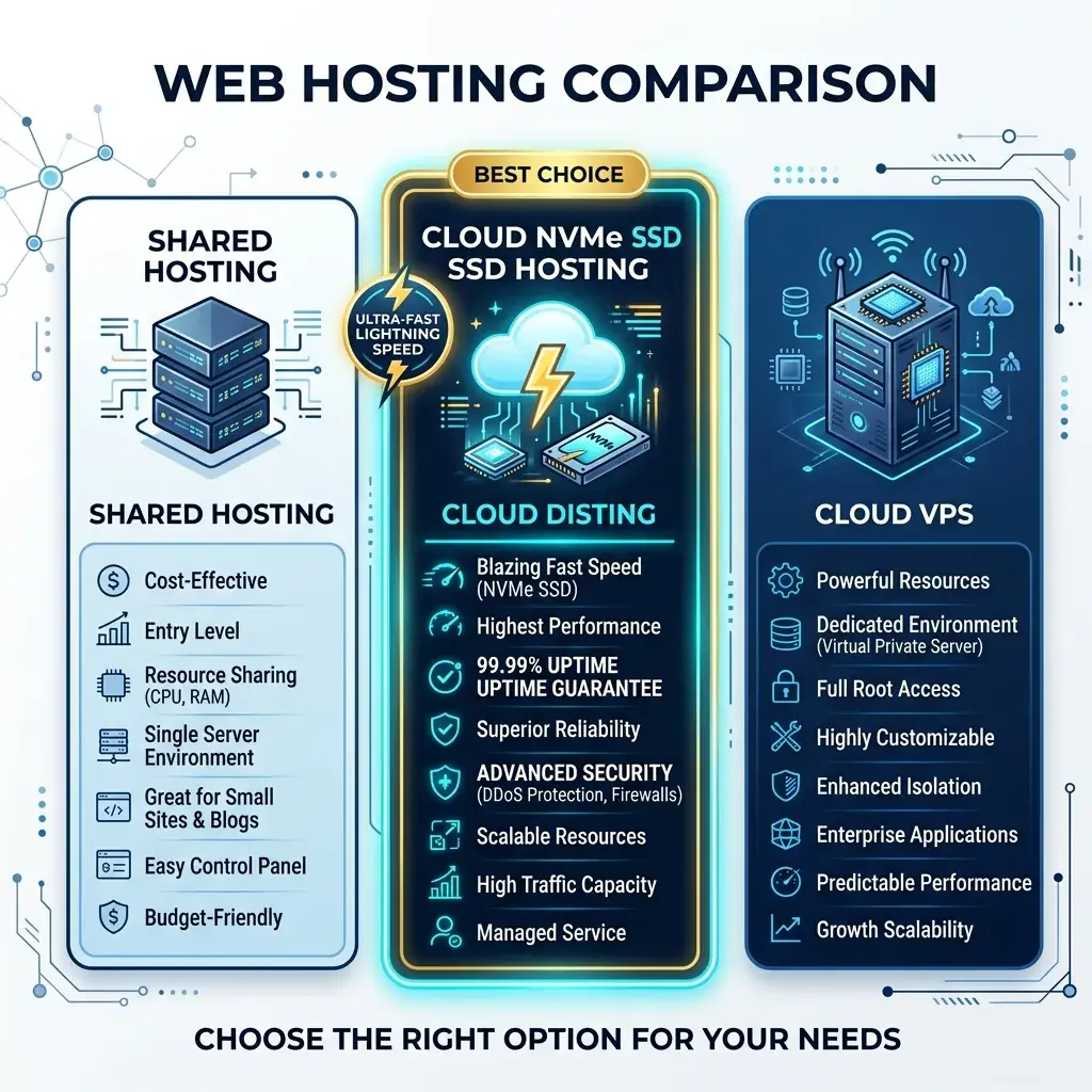 Infographic so sánh Shared Hosting, Cloud NVMe SSD Hosting và Cloud VPS