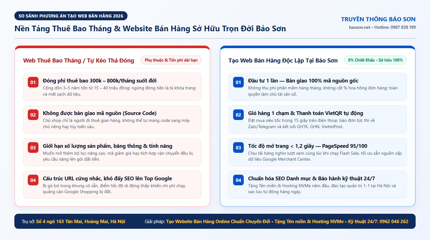 So sánh nền tảng tạo website bán hàng thuê bao tháng và dịch vụ tạo website bán hàng online sở hữu trọn đời tại Truyền thông Bảo Sơn So sánh nền tảng tạo website bán hàng thuê bao tháng và dịch vụ tạo website bán hàng online sở hữu trọn đời tại Truyền thông Bảo Sơn