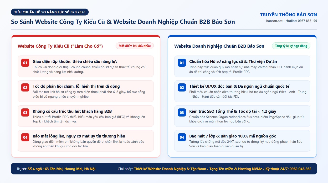 So sánh website công ty kiểu cũ và giải pháp thiết kế website cho công ty chuẩn B2B tại Truyền thông Bảo Sơn So sánh website công ty kiểu cũ và giải pháp thiết kế website cho công ty chuẩn B2B tại Truyền thông Bảo Sơn