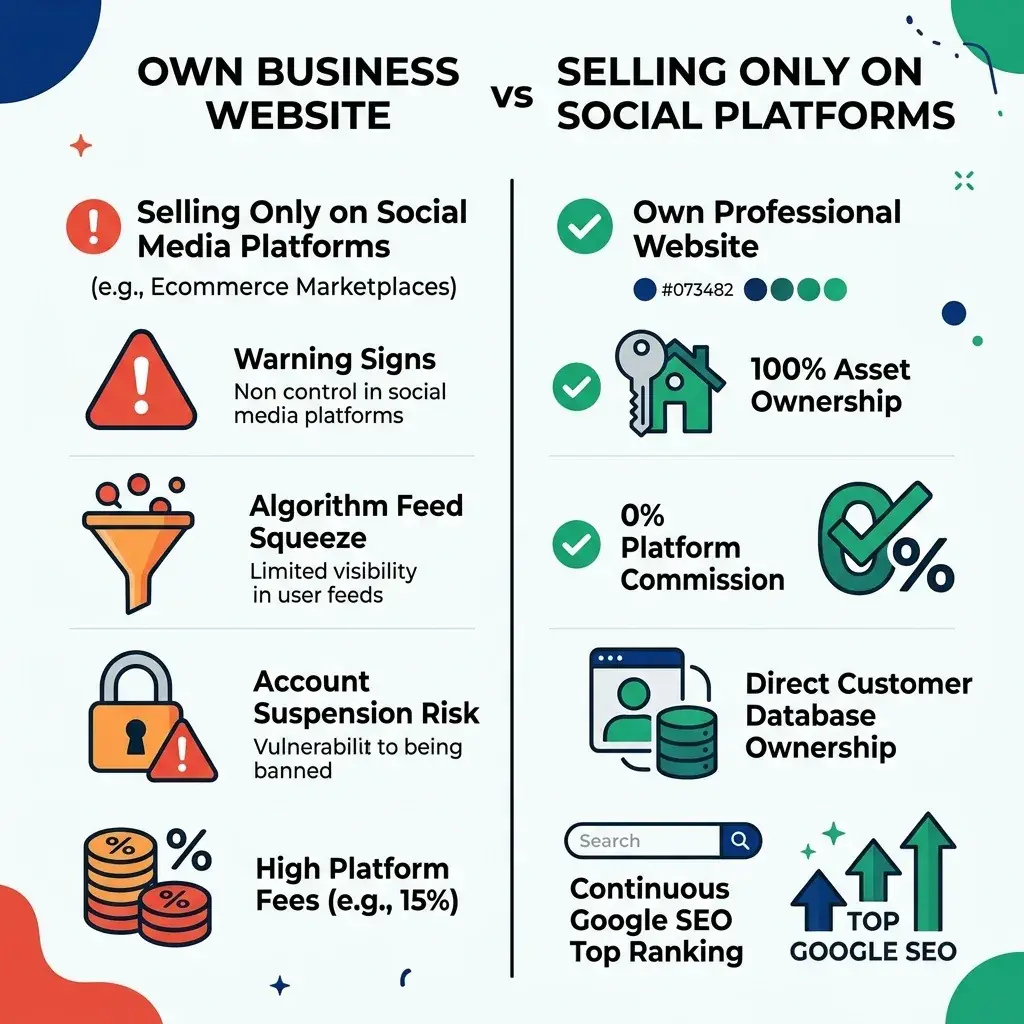 So Sánh Lợi Ích: Sở Hữu Website Doanh Nghiệp Riêng vs Phụ Thuộc Vào Mạng Xã Hội Và Sàn TMĐT Infographic so sánh rủi ro phụ thuộc mạng xã hội và lợi ích của việc sở hữu website doanh nghiệp riêng