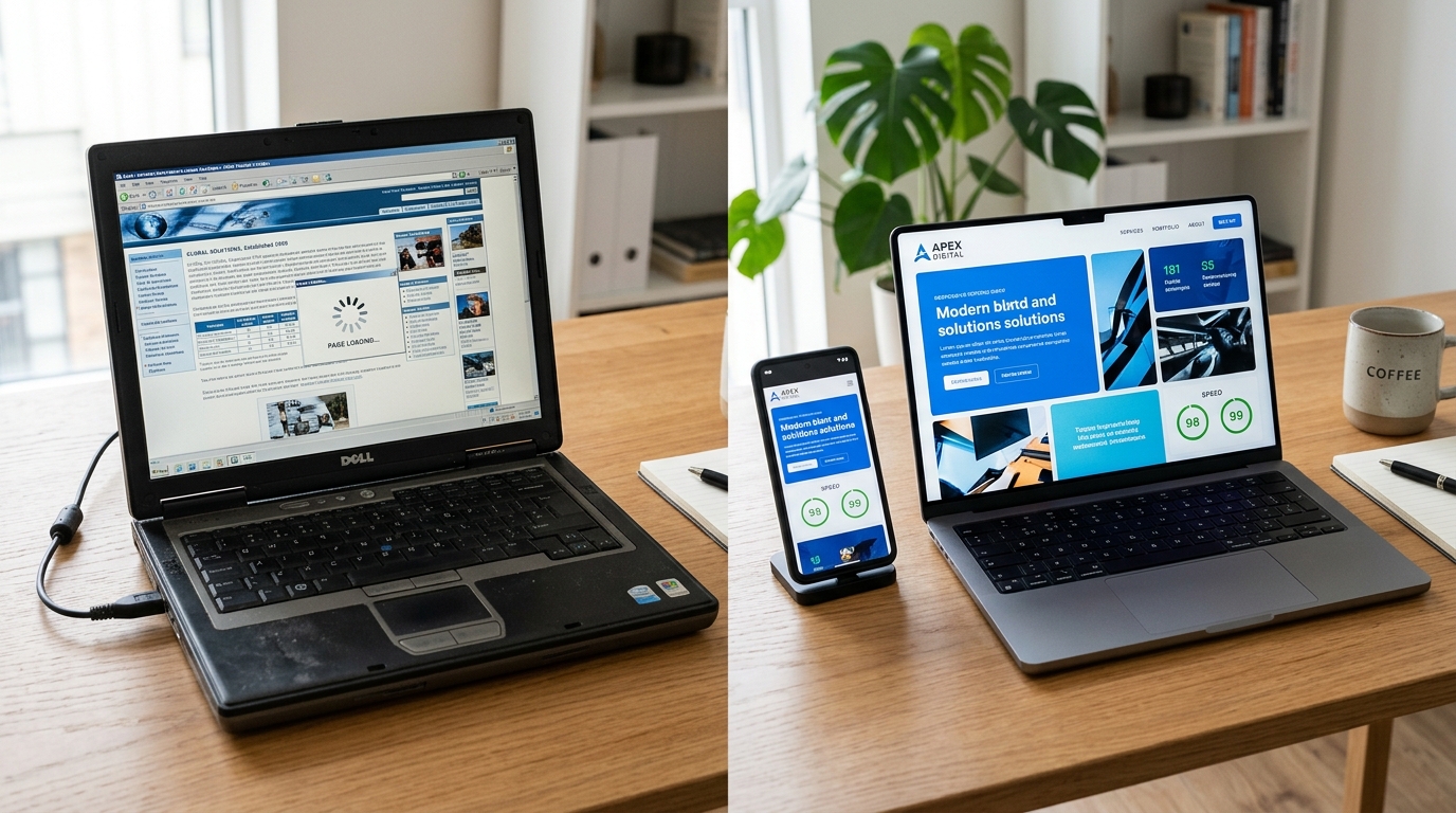 So Sánh Website Trước Và Sau Khi Nâng Cấp Giao Diện & Tốc Độ Tại Hoàng Mai So sánh thực tế giữa website cũ giao diện lỗi thời tải chậm và website sau khi nâng cấp chuẩn Mobile-First tốc độ 99 điểm tại Bảo Sơn