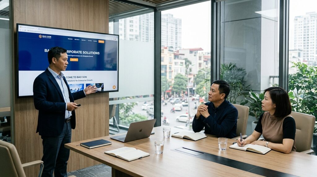 Kiến trúc sư Truyền thông Bảo Sơn trình bày giải pháp thiết kế website cho công ty chuẩn B2B với Ban giám đốc doanh nghiệp tại Hà Nội