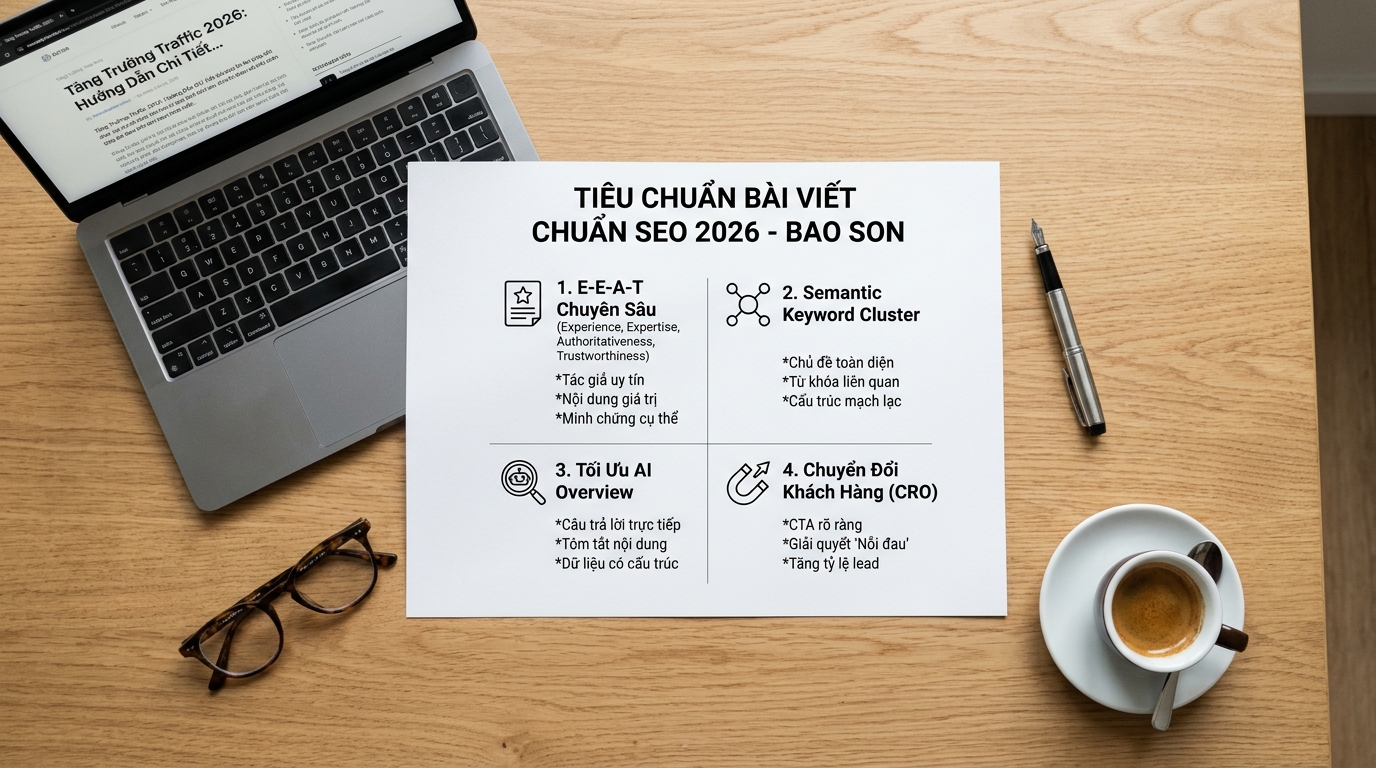 Tiêu chuẩn dịch vụ viết bài chuẩn SEO 2026 kết hợp E-E-A-T, Semantic Keyword Cluster, AI Overview và CRO