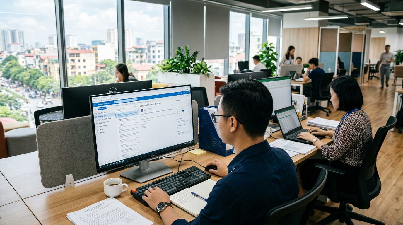Nhân viên kinh doanh và kế toán sử dụng dịch vụ email cho doanh nghiệp đồng bộ mượt mà trên máy tính và điện thoại