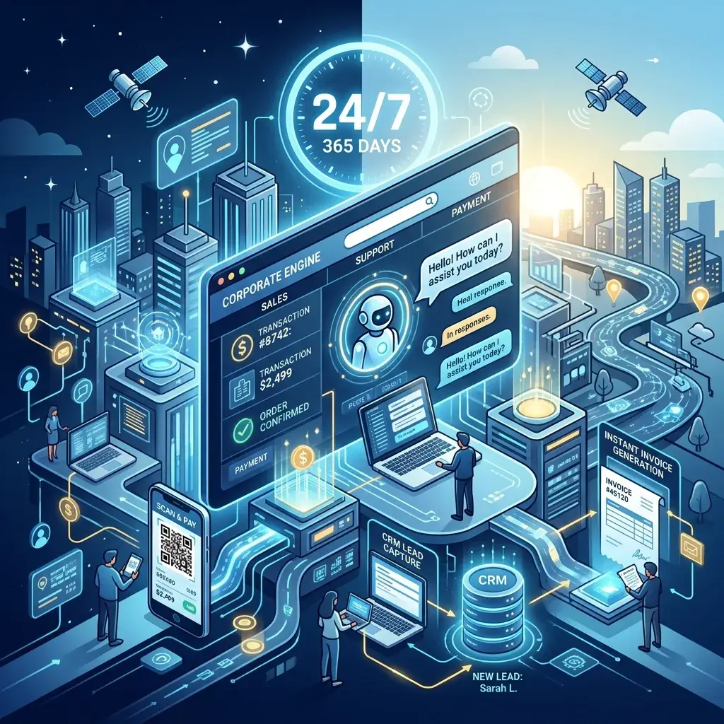 Website Doanh Nghiệp - Cỗ Máy Bán Hàng & Chăm Sóc Khách Hàng Tự Động 24/7/365 Minh họa website như một nhân viên bán hàng cần mẫn phục vụ tự động 24 7 365 ngày cho doanh nghiệp