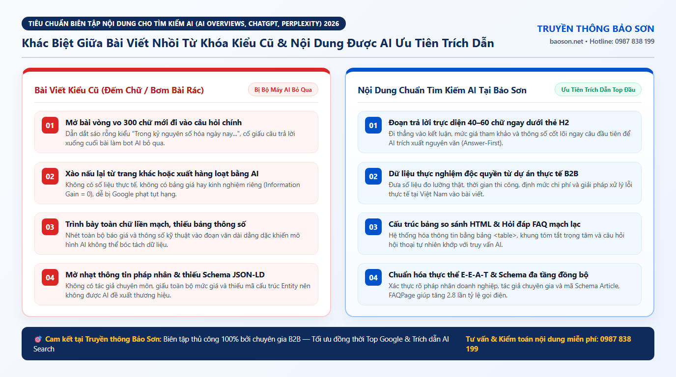 So sánh trực quan giữa bài viết nhồi từ khóa kiểu cũ bị AI bỏ qua và nội dung chuẩn tìm kiếm AI 2026 được trích dẫn trực tiếp trên AI Overviews